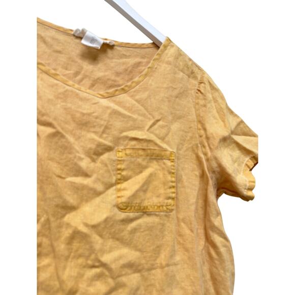 Golden Yellow Sunshine Dopamine 100% Linen Tee Cropped Shirt Vacation Natural - Picture 3 of 10